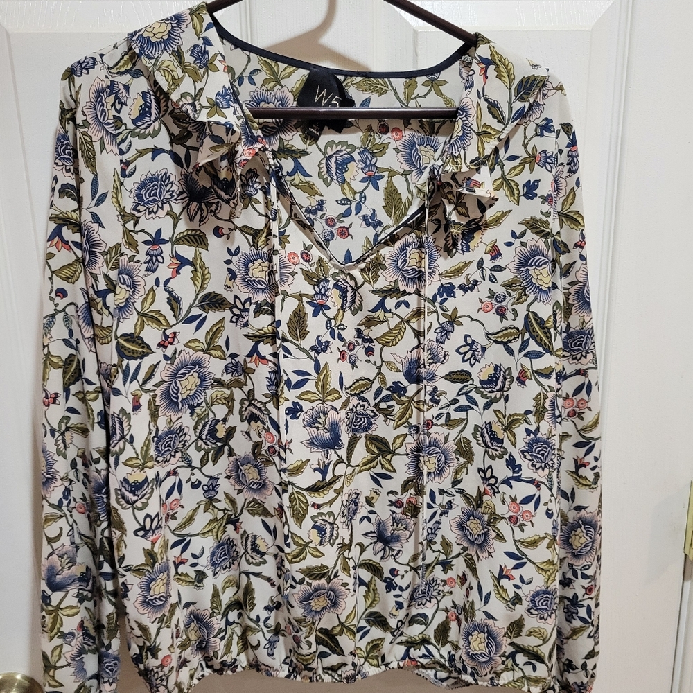 Cream Green Ruffled Long Sleeve Blouse with Peter Pan Collar